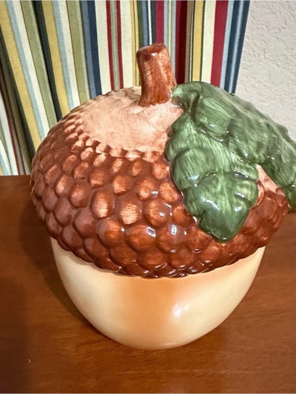 Vintage Ceramic Acorn Candy/Cookie Jar with Green Leaf Lid